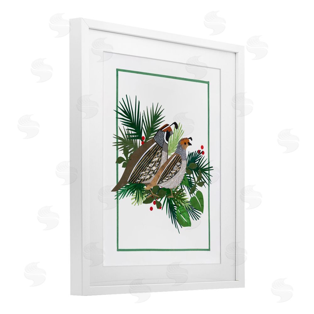 Nancy Overton Christmas Quail & Fir White Framed Print Under Glass with Mat Wall Art