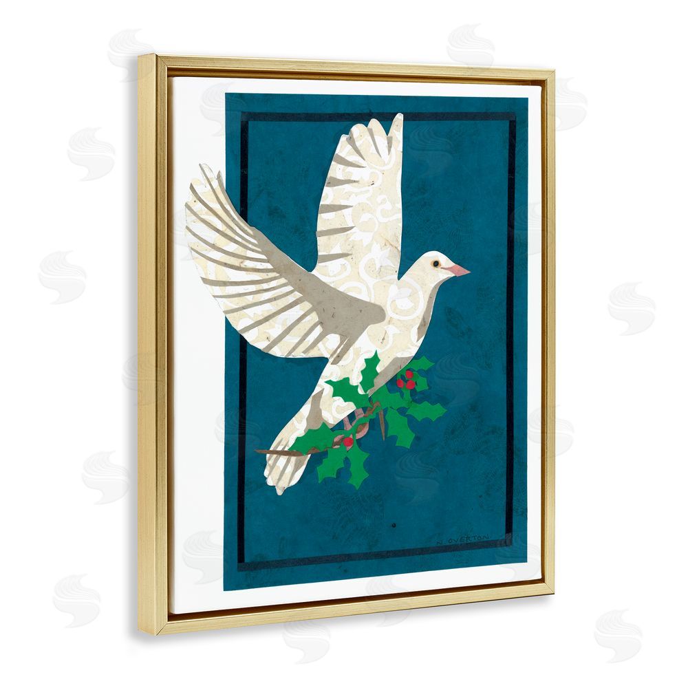 Nancy Overton Christmas Dove with Holly Gold Floating Frame Canvas Wall Art Print