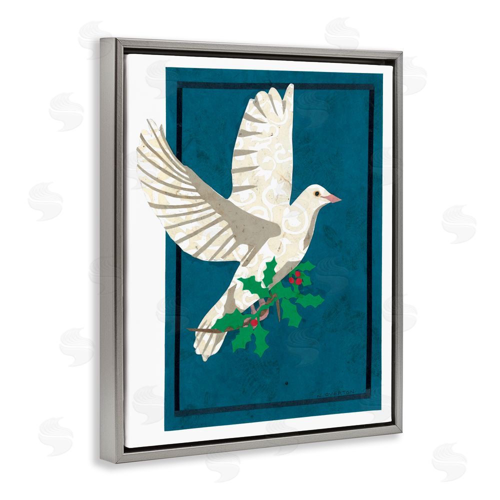 Nancy Overton Christmas Dove with Holly Gray Floating Frame Canvas Wall Art Print