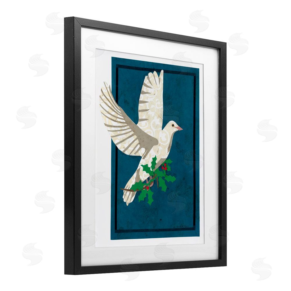 Nancy Overton Christmas Dove with Holly Black Framed Print Under Glass with White Mat Wall Art