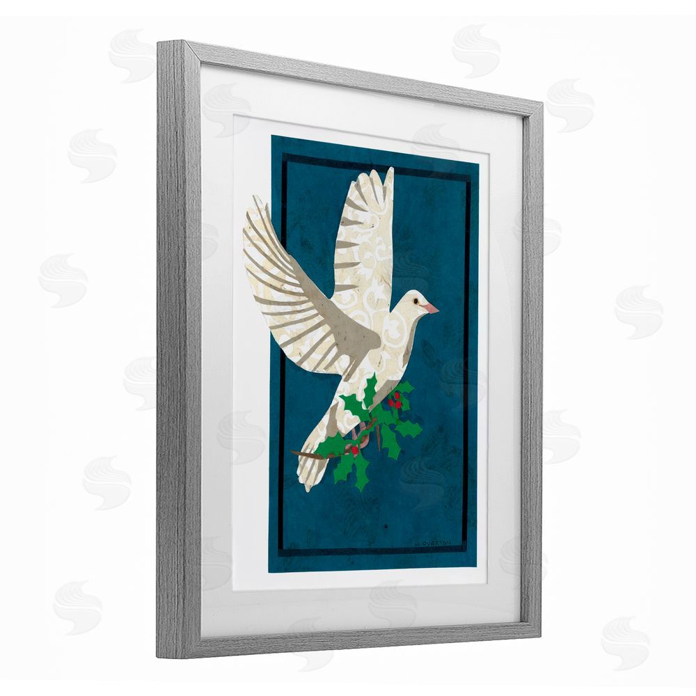 Nancy Overton Christmas Dove with Holly Gray Framed Print Under Glass with White Mat Wall Art