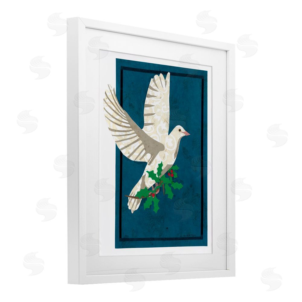 Nancy Overton Christmas Dove with Holly White Framed Print Under Glass with Mat Wall Art