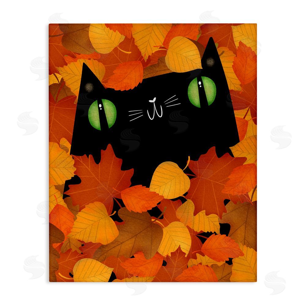 Gabriela Avila Whimsical Cat Peeking Fall Leaves Canvas Wall Art Print