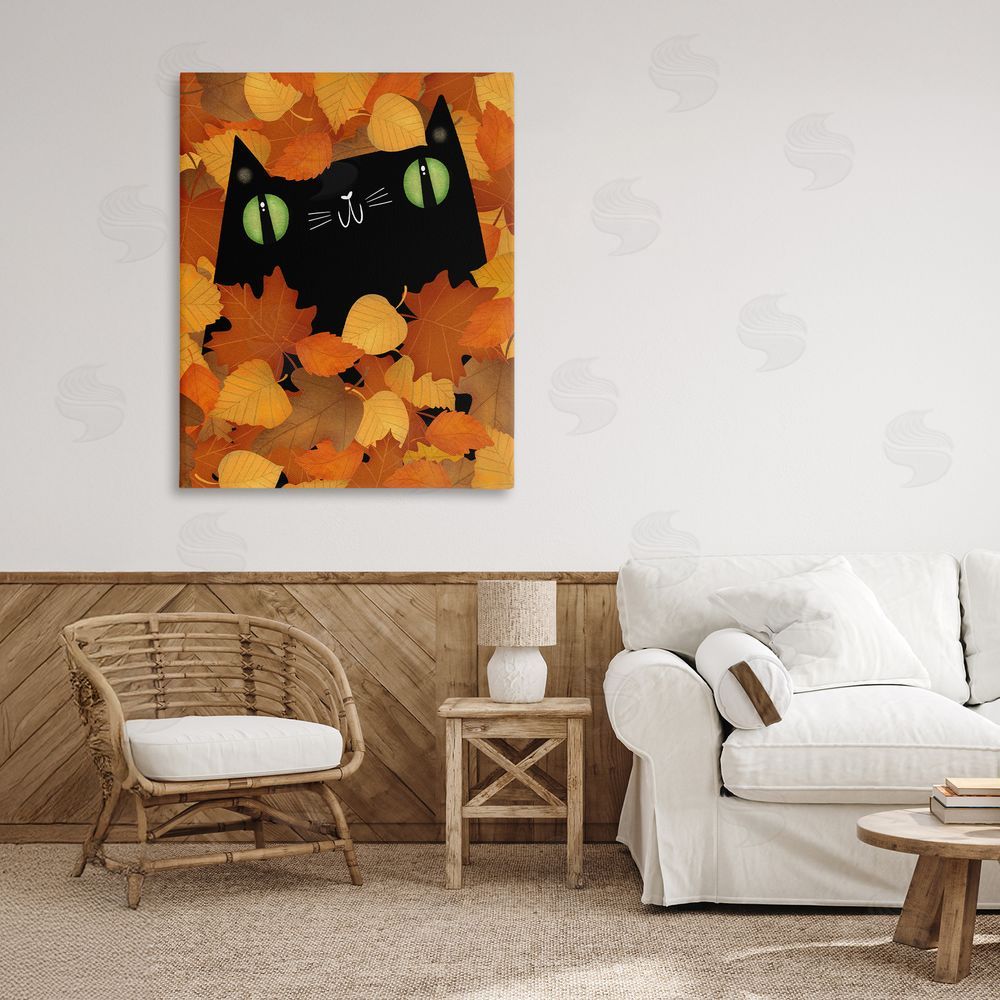 Gabriela Avila Whimsical Cat Peeking Fall Leaves Printed Wall Art in Room