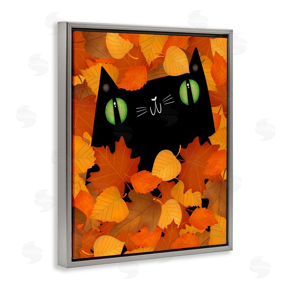 Gabriela Avila Whimsical Cat Peeking Fall Leaves Gray Floating Frame Canvas Art Print