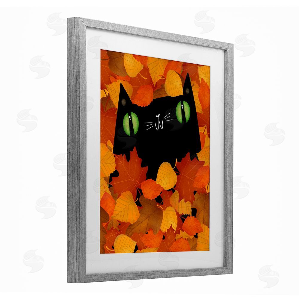 Gabriela Avila Whimsical Cat Peeking Fall Leaves Gray Framed Print Under Glass Art