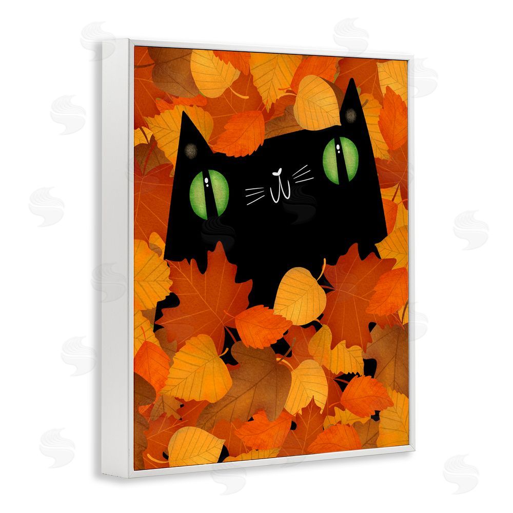 Gabriela Avila Whimsical Cat Peeking Fall Leaves White Frame Giclee Art Print