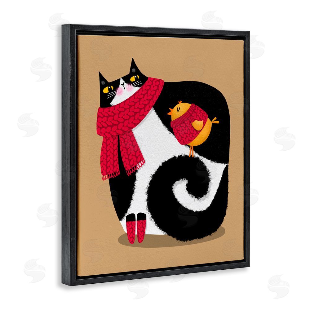 Gabriela Avila Whimsical Autumn Cat & Bird Black Floating Frame Canvas Wall Art Print