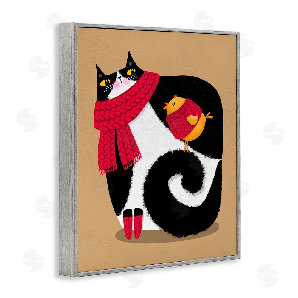 Gabriela Avila Whimsical Autumn Cat & Bird Gray Framed Giclee Art Print