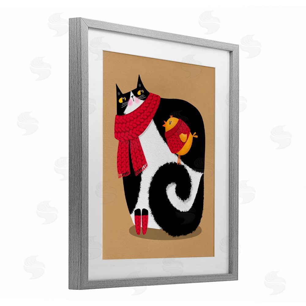 Gabriela Avila Whimsical Autumn Cat & Bird Gray Framed Print Under Glass Art