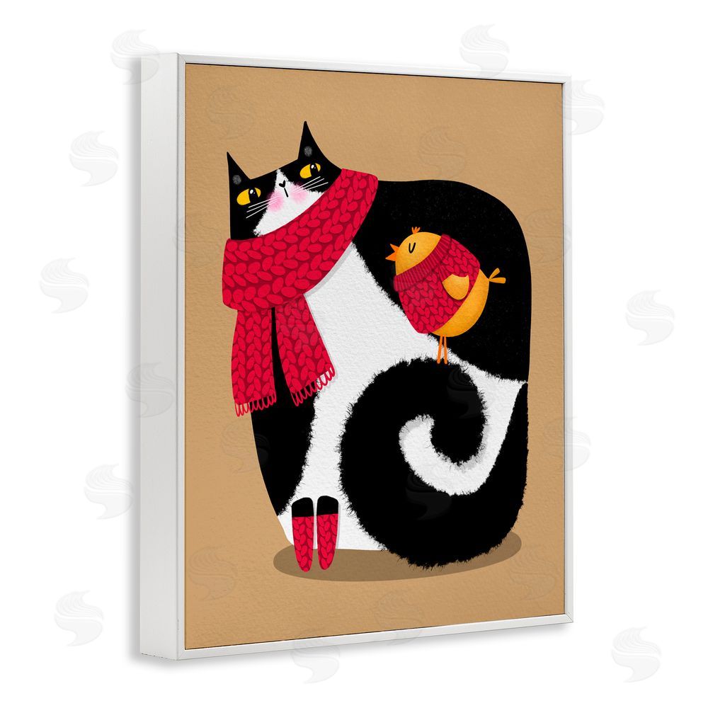 Gabriela Avila Whimsical Autumn Cat & Bird White Frame Giclee Art Print