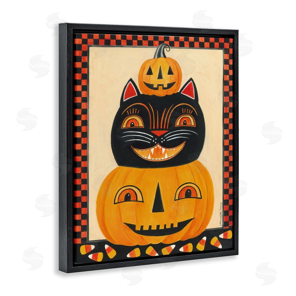Bernadette Deming Retro Smiling Pumpkins & Cat Black Floating Frame Canvas Wall Art Print