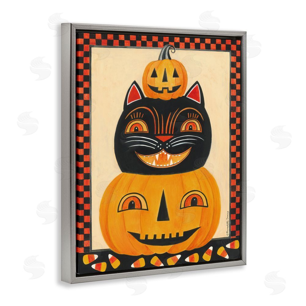 Bernadette Deming Retro Smiling Pumpkins & Cat Gray Floating Frame Canvas Art Print