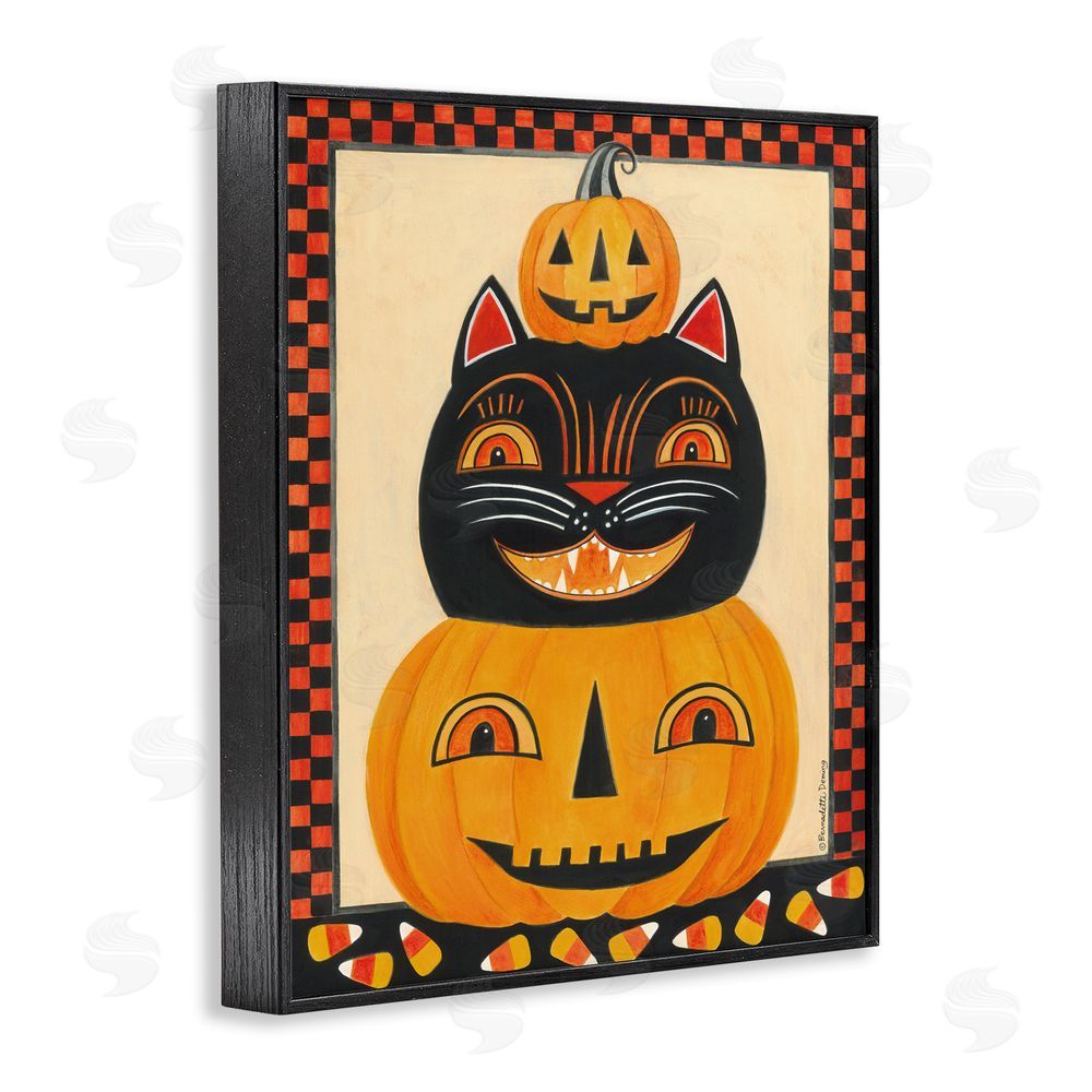 Bernadette Deming Retro Smiling Pumpkins & Cat Black Framed Giclee Art Print