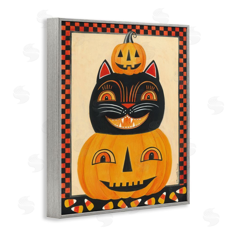 Bernadette Deming Retro Smiling Pumpkins & Cat Gray Framed Giclee Art Print