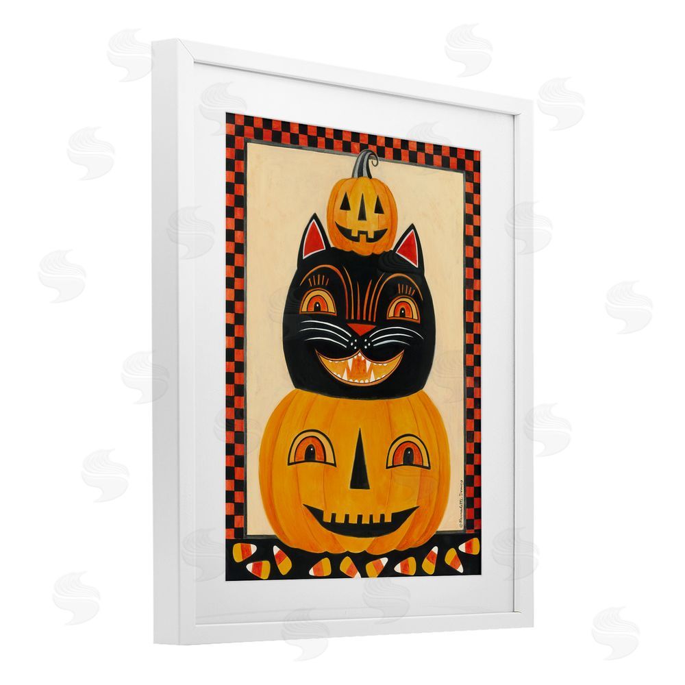 Bernadette Deming Retro Smiling Pumpkins & Cat White Framed Print Under Glass Art