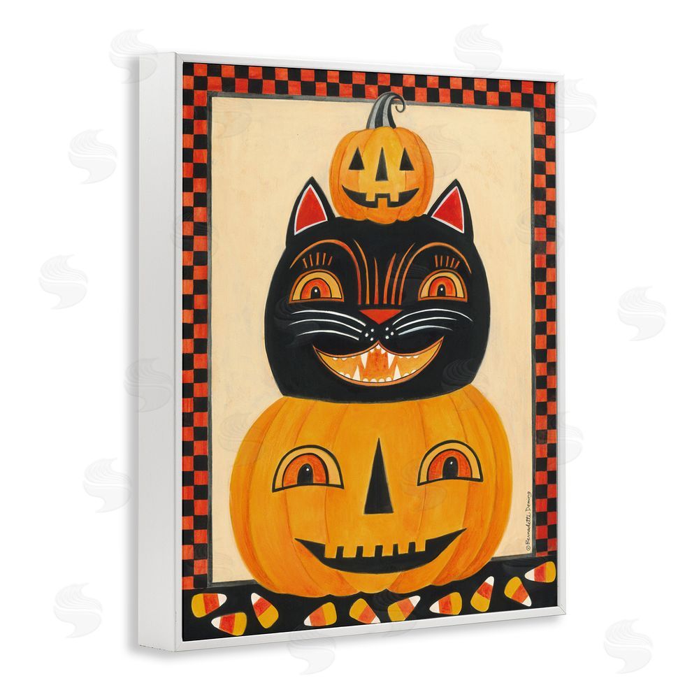 Bernadette Deming Retro Smiling Pumpkins & Cat White Frame Giclee Art Print
