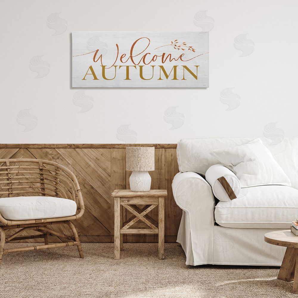 Lux + Me Designs Inviting Welcome Autumn Script Printed Wall Art in Room