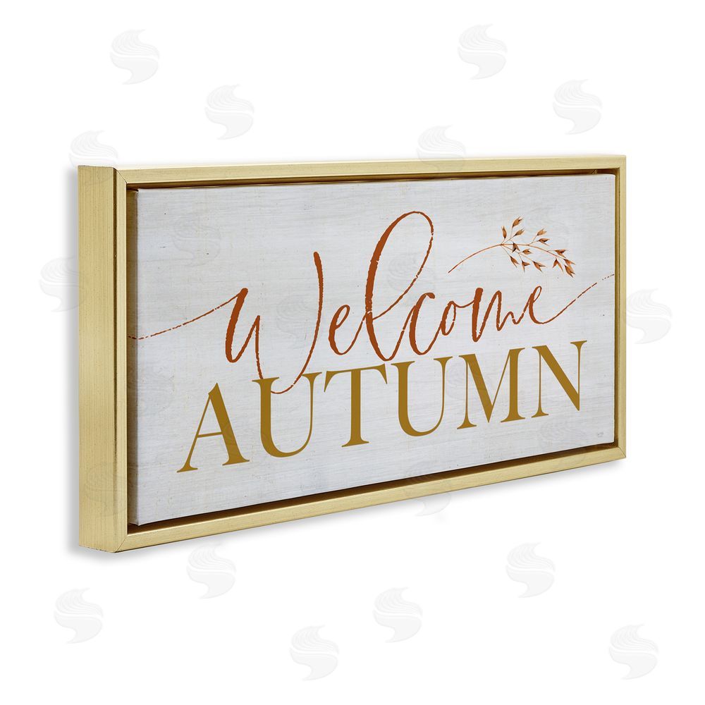 Lux + Me Designs Inviting Welcome Autumn Script Gold Floating Frame Canvas Art Print