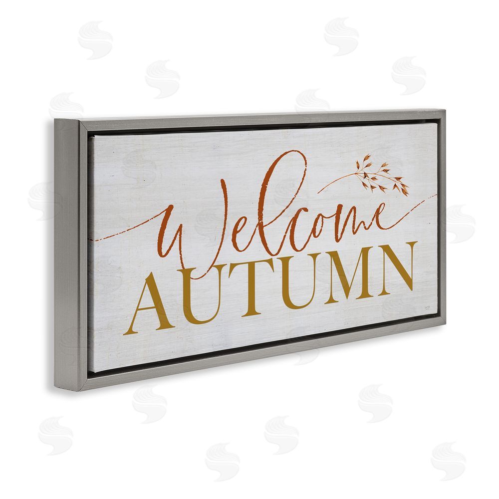 Lux + Me Designs Inviting Welcome Autumn Script Gray Floating Frame Canvas Art Print