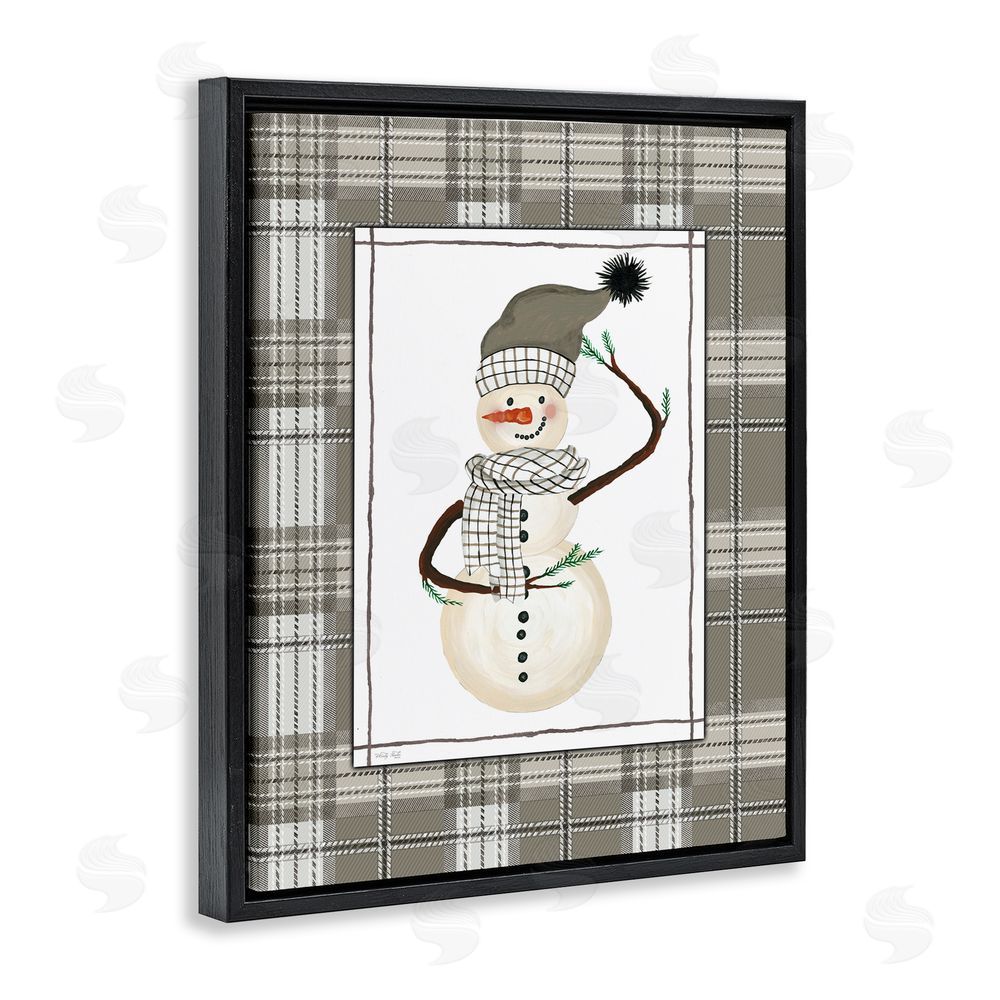 Cindy Jacobs Winter Snowman Green Plaid Black Floating Frame Canvas Wall Art Print