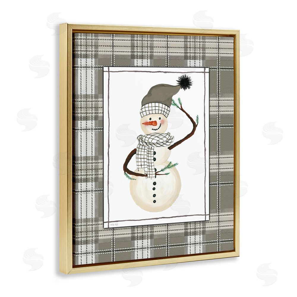 Cindy Jacobs Winter Snowman Green Plaid Gold Floating Frame Canvas Art Print