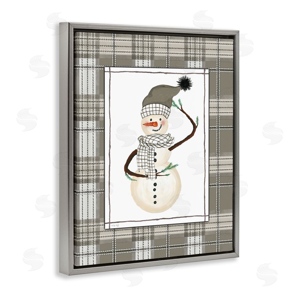 Cindy Jacobs Winter Snowman Green Plaid Gray Floating Frame Canvas Art Print