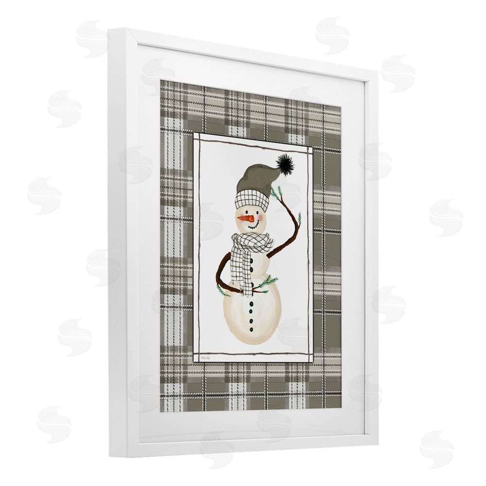 Cindy Jacobs Winter Snowman Green Plaid White Framed Print Under Glass Art