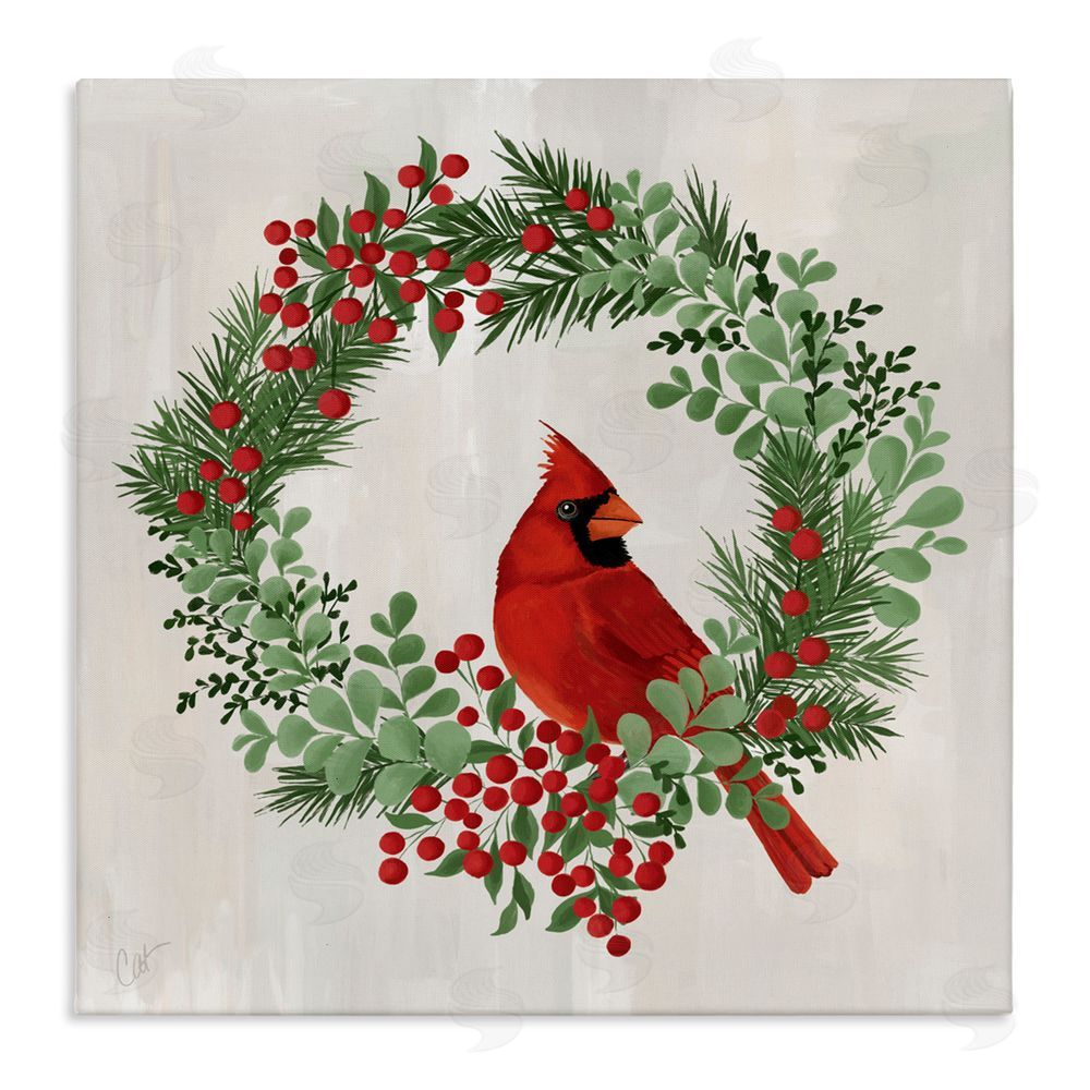 Cat Thurman Designs Perched Cardinal Festive Wreath Canvas Wall Art Print