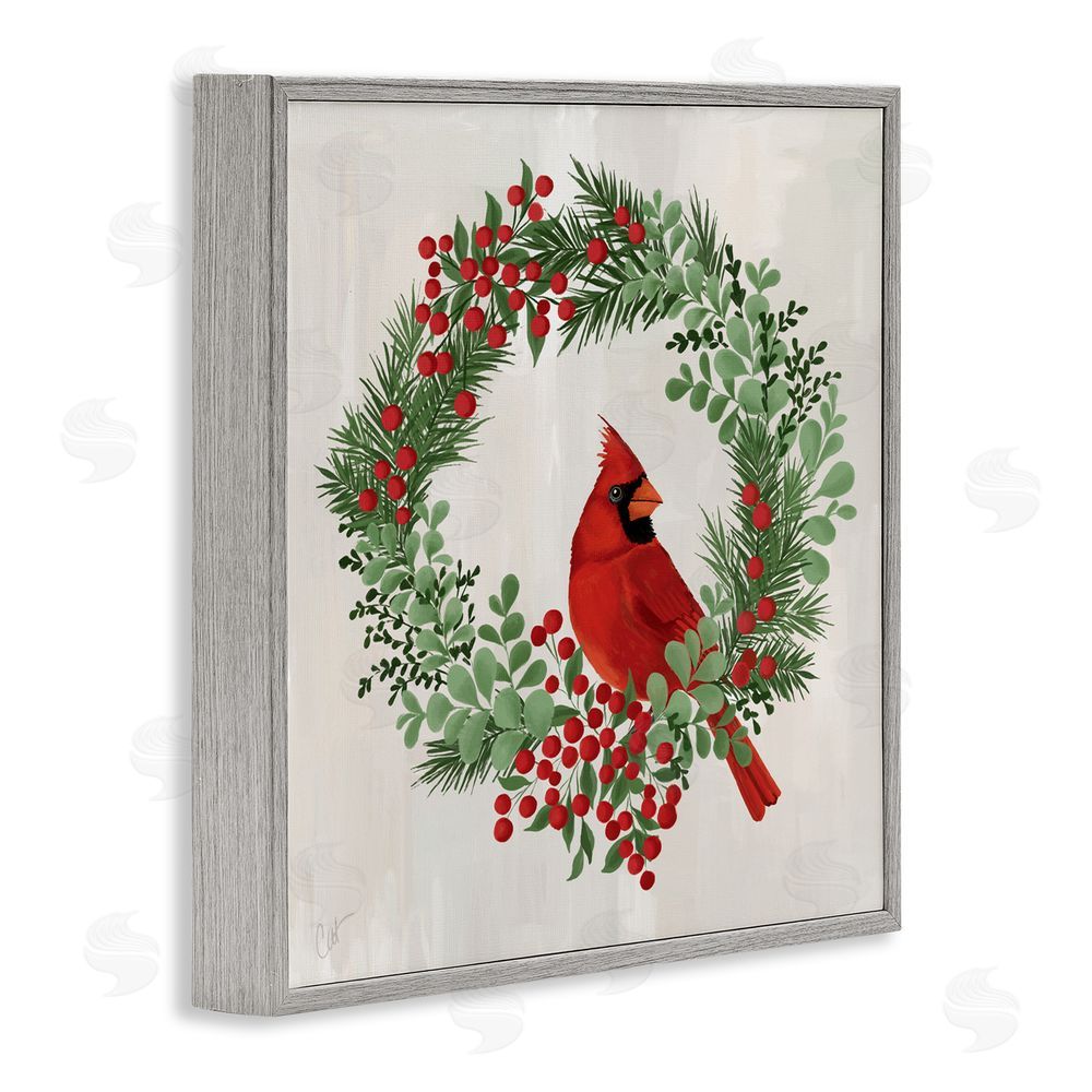 Cat Thurman Designs Perched Cardinal Festive Wreath Gray Framed Giclee Art Print