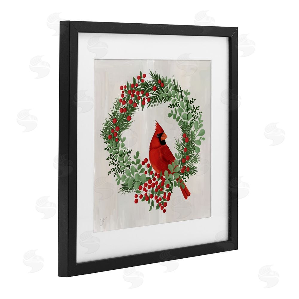 Cat Thurman Designs Perched Cardinal Festive Wreath Black Framed Print Under Glass Art