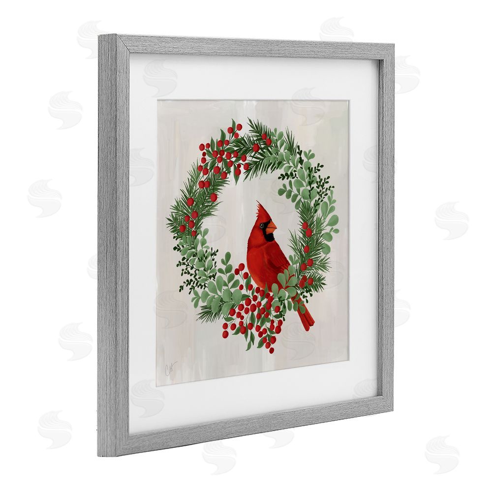 Cat Thurman Designs Perched Cardinal Festive Wreath Gray Framed Print Under Glass Art