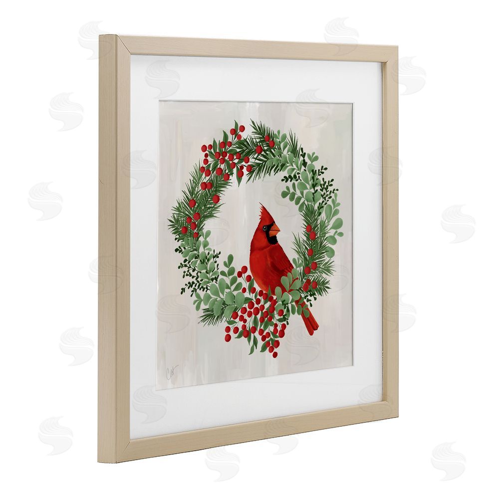 Cat Thurman Designs Perched Cardinal Festive Wreath Birch Framed Print Under Glass Art