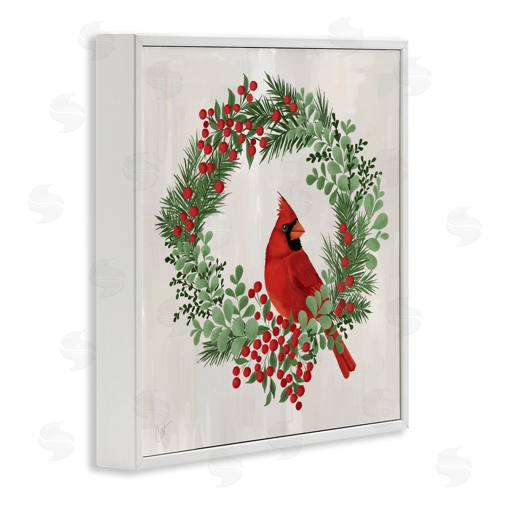 Cat Thurman Designs Perched Cardinal Festive Wreath White Frame Giclee Art Print