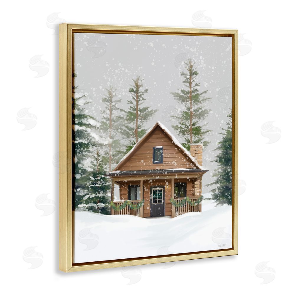 House Fenway Cozy Snowy Forest Cabin Gold Floating Frame Canvas Art Print