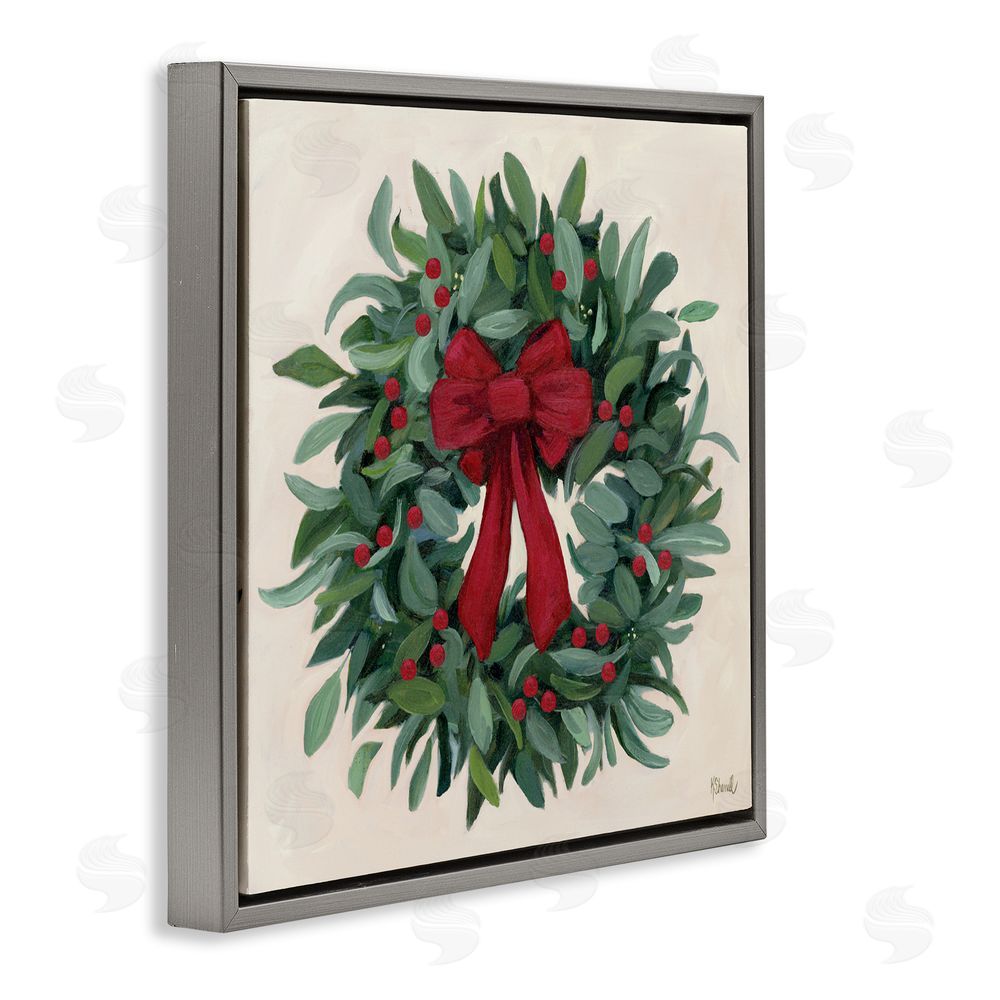 Kate Sherrill Ribbon Holly Wreath Gray Floating Frame Canvas Art Print