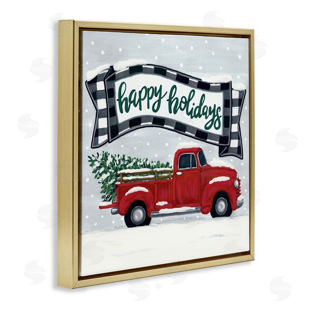Sara Baker Happy Holiday Farm Truck & Tree Gold Floating Frame Canvas Art Print