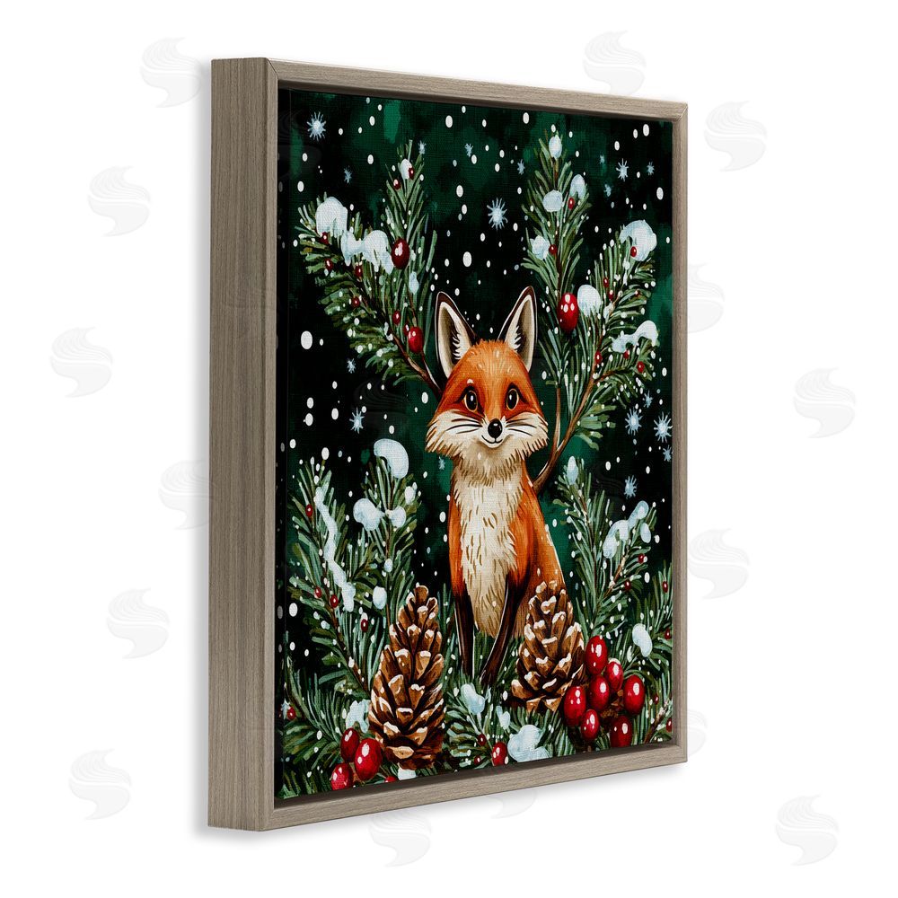 Yen Winter Fox & Pinecones Brown Floating Frame Canvas Art Print