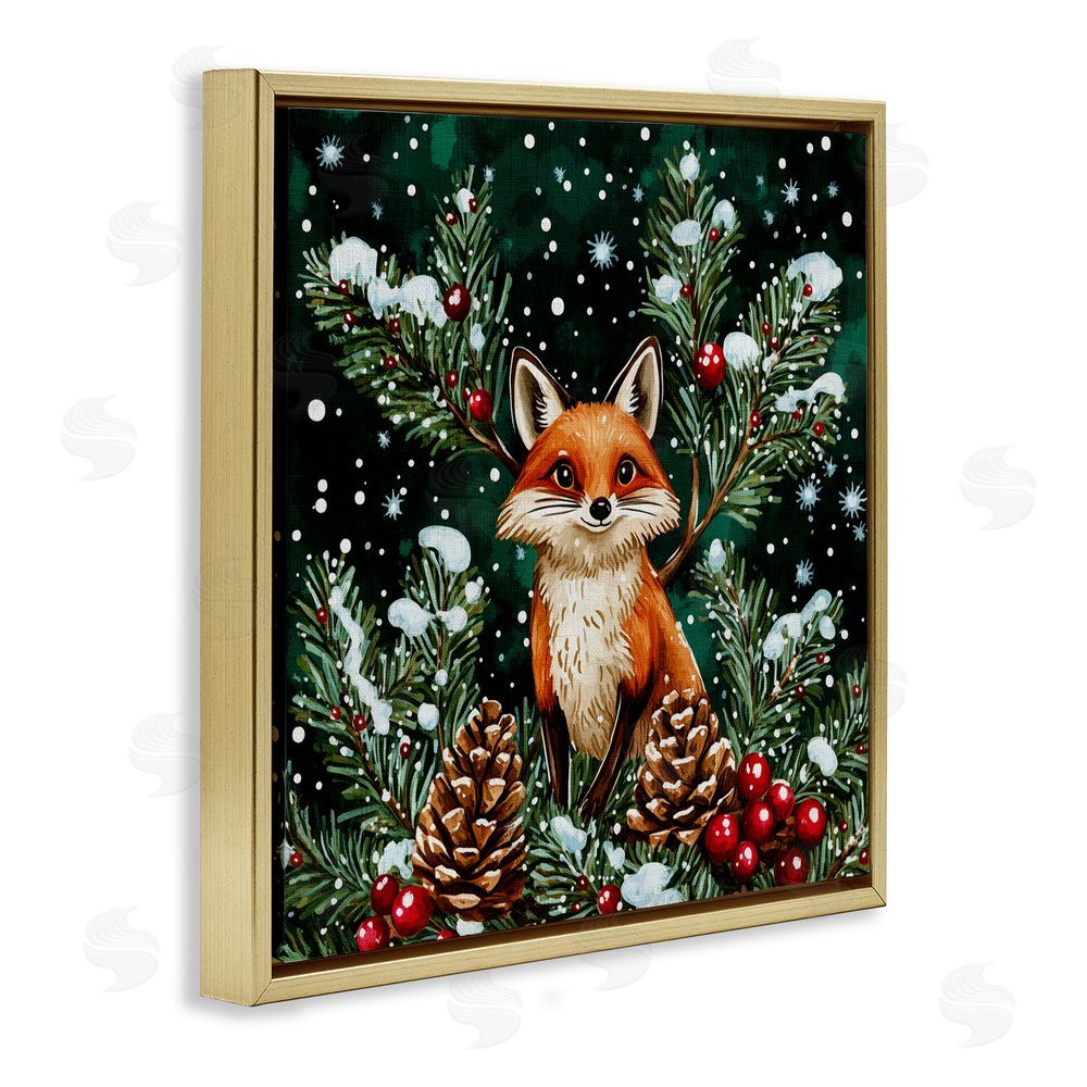 Yen Winter Fox & Pinecones Gold Floating Frame Canvas Art Print