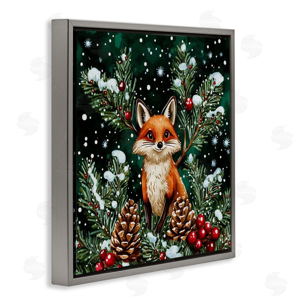 Yen Winter Fox & Pinecones Gray Floating Frame Canvas Art Print