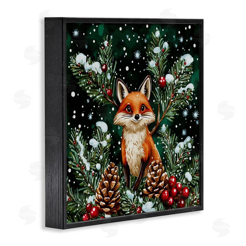 Yen Winter Fox & Pinecones Black Framed Giclee Art Print