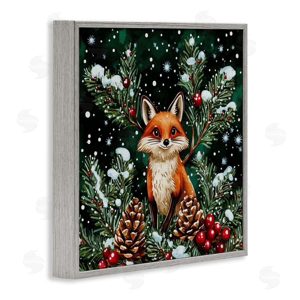 Yen Winter Fox & Pinecones Gray Framed Giclee Art Print