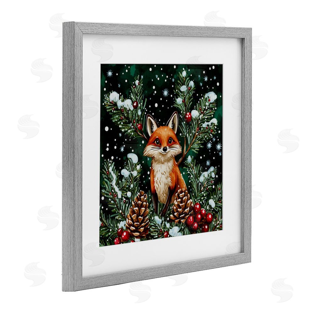 Yen Winter Fox & Pinecones Gray Framed Print Under Glass Art