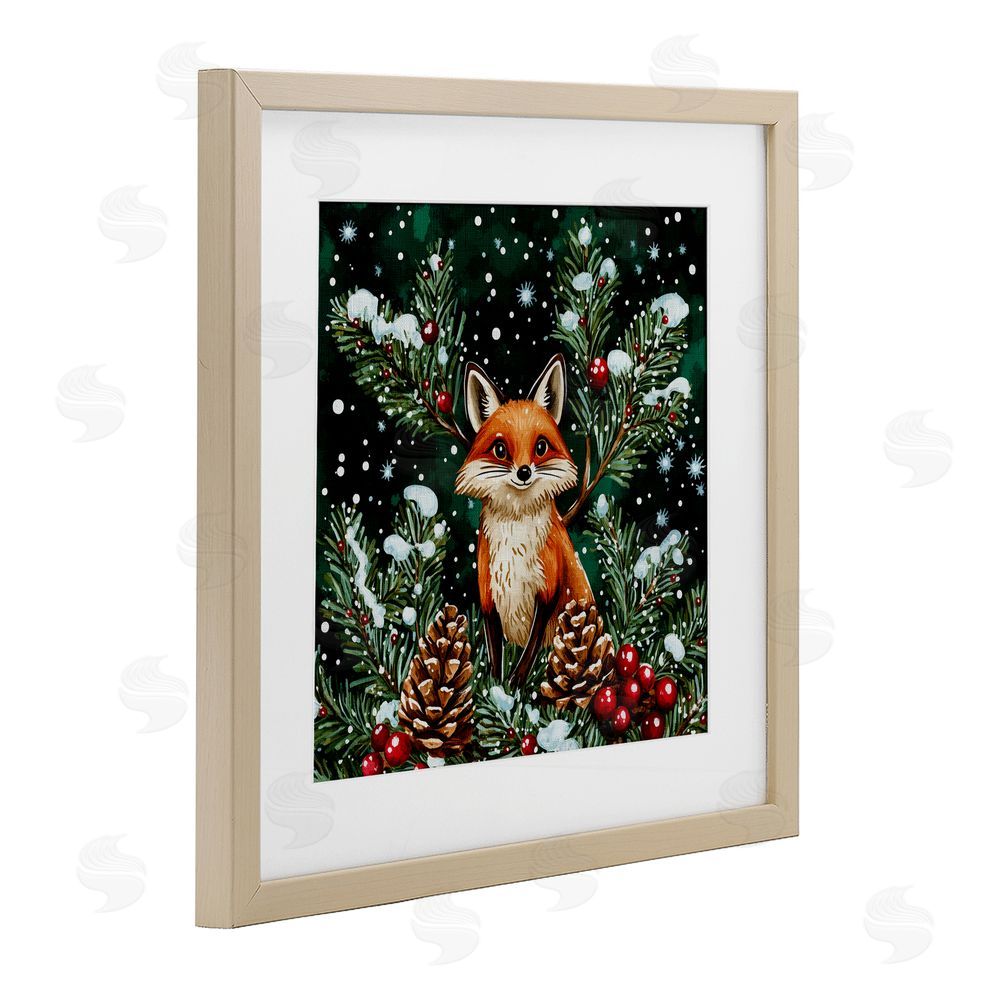 Yen Winter Fox & Pinecones Birch Framed Print Under Glass Art
