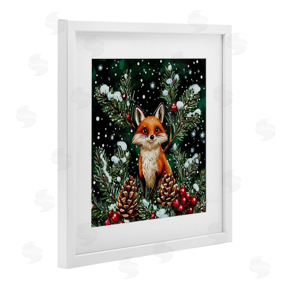 Yen Winter Fox & Pinecones White Framed Print Under Glass Art
