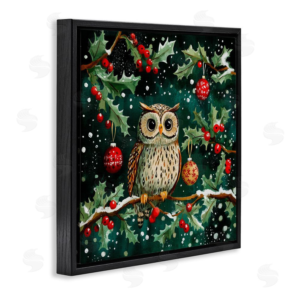 Yen Winter Owl with Gentle Snowfall Black Floating Frame Canvas Wall Art Print