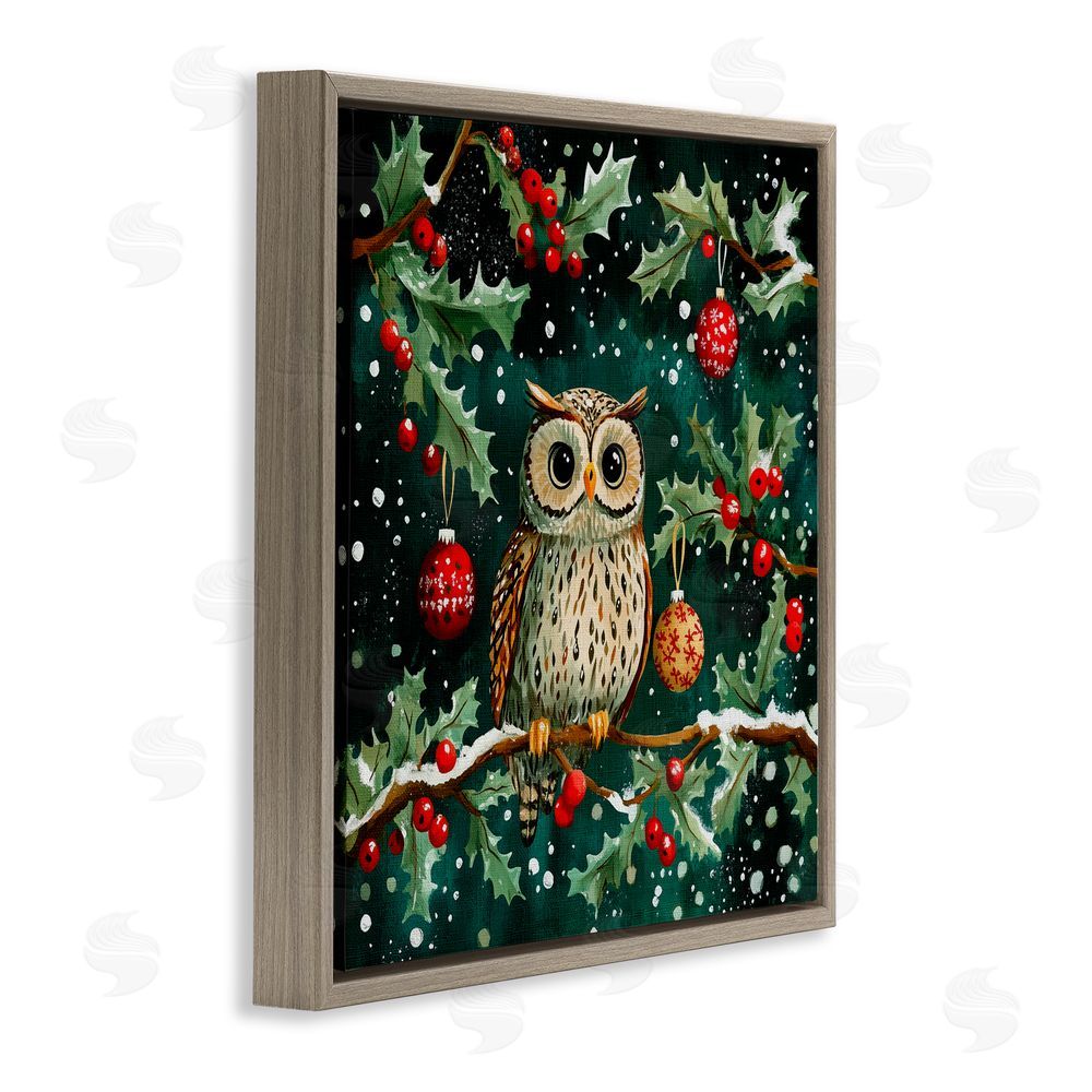 Yen Winter Owl with Gentle Snowfall Brown Floating Frame Canvas Art Print