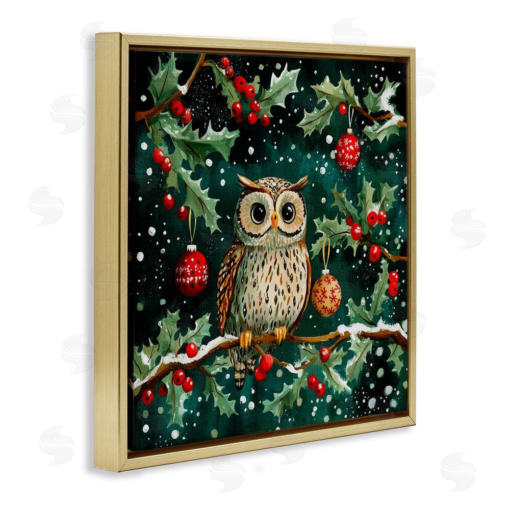 Yen Winter Owl with Gentle Snowfall Gold Floating Frame Canvas Art Print