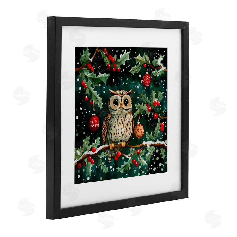 Yen Winter Owl with Gentle Snowfall Black Framed Print Under Glass Art