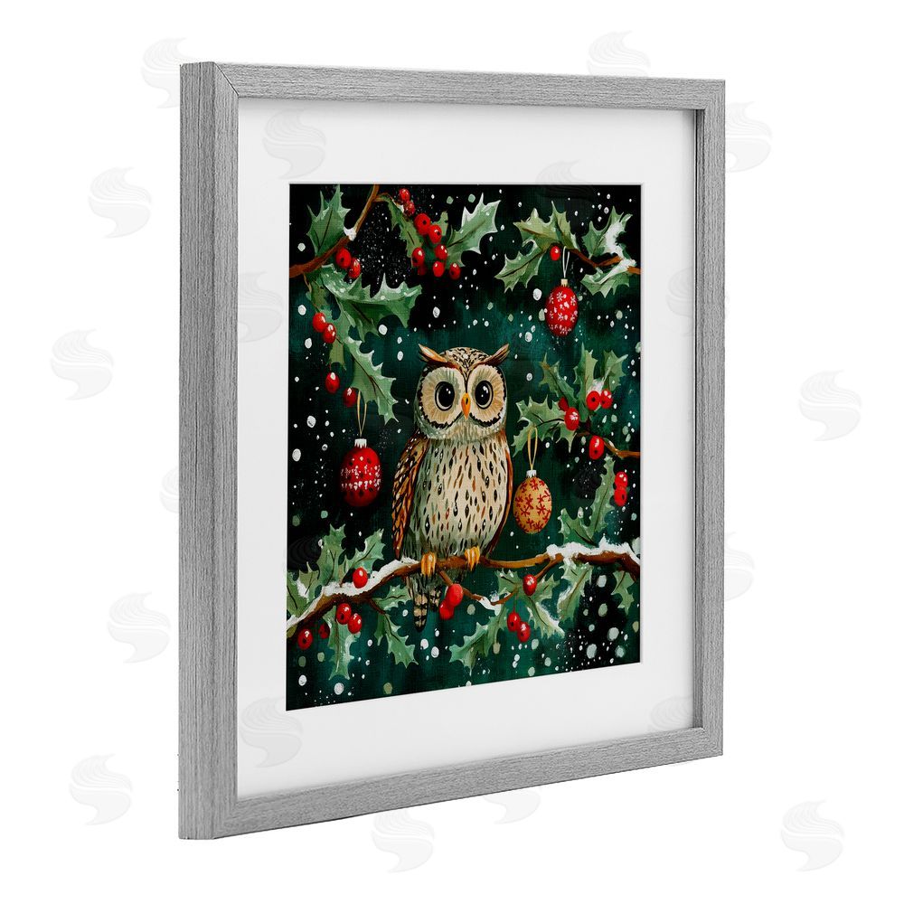 Yen Winter Owl with Gentle Snowfall Gray Framed Print Under Glass Art